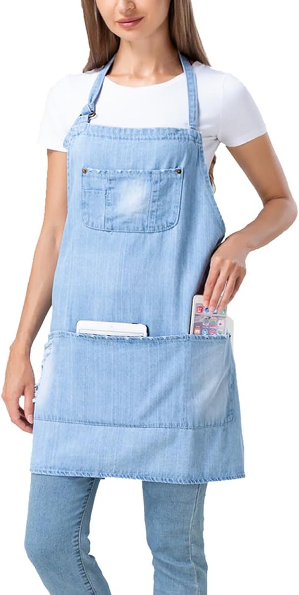Denim Apron With 5 Pockets for Kitchens,Hairstylist Aprons for Women Men,Adjustable Bib Jean Apron for Arts Cafe Work - Image 2