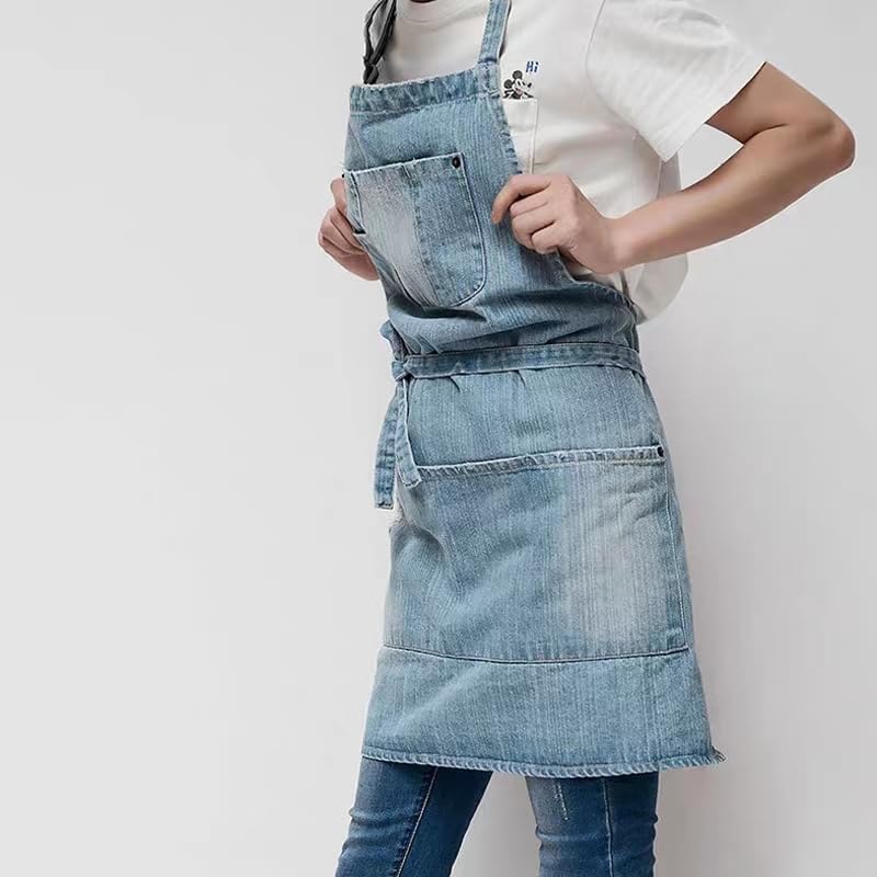 Denim Apron With 5 Pockets for Kitchens,Hairstylist Aprons for Women Men,Adjustable Bib Jean Apron for Arts Cafe Work - Image 4