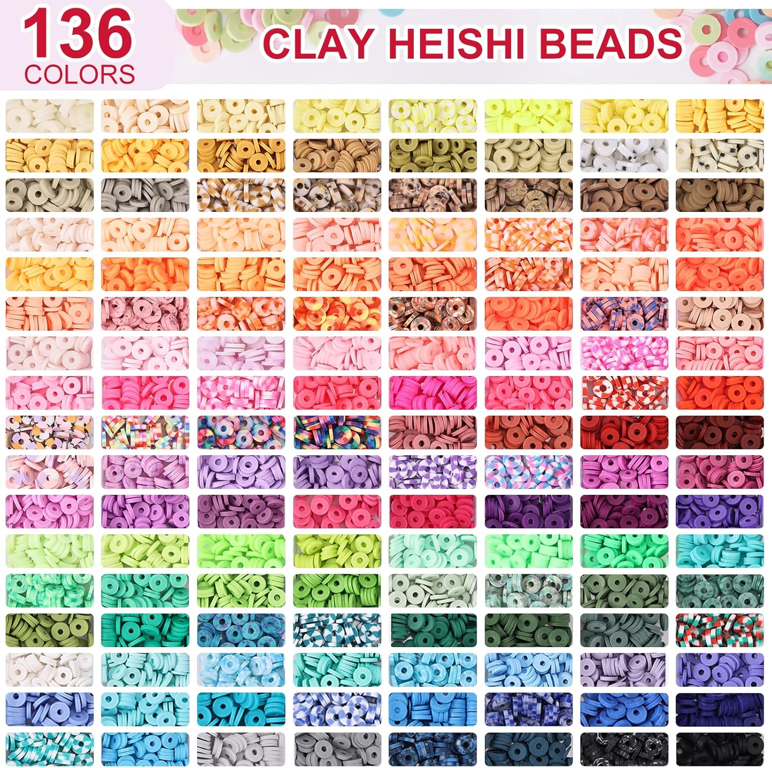 QUEFE 14000 PCS 136 Colors Clay Beads Bracelet Making Kit 6 Boxes Friendship Bracelet Kit Flat Polymer Clay Beads Spacer Heishi Beads for Jewelry Making with Pendant Charms Kit - Image 2