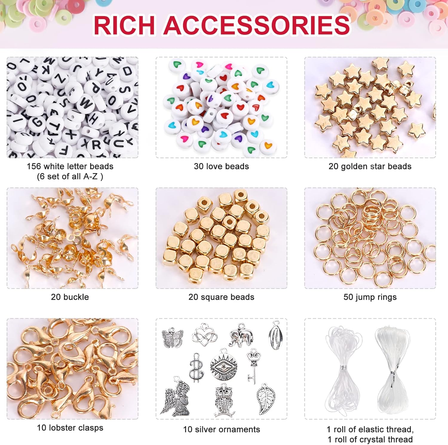 QUEFE 14000 PCS 136 Colors Clay Beads Bracelet Making Kit 6 Boxes Friendship Bracelet Kit Flat Polymer Clay Beads Spacer Heishi Beads for Jewelry Making with Pendant Charms Kit - Image 3