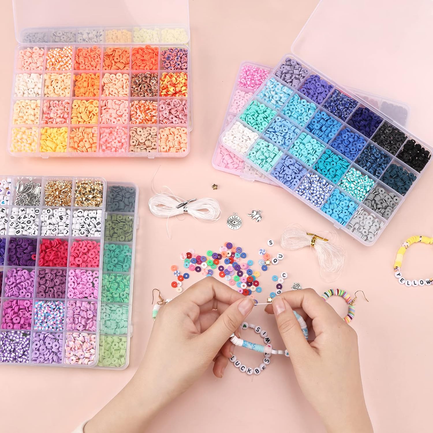 QUEFE 14000 PCS 136 Colors Clay Beads Bracelet Making Kit 6 Boxes Friendship Bracelet Kit Flat Polymer Clay Beads Spacer Heishi Beads for Jewelry Making with Pendant Charms Kit - Image 5